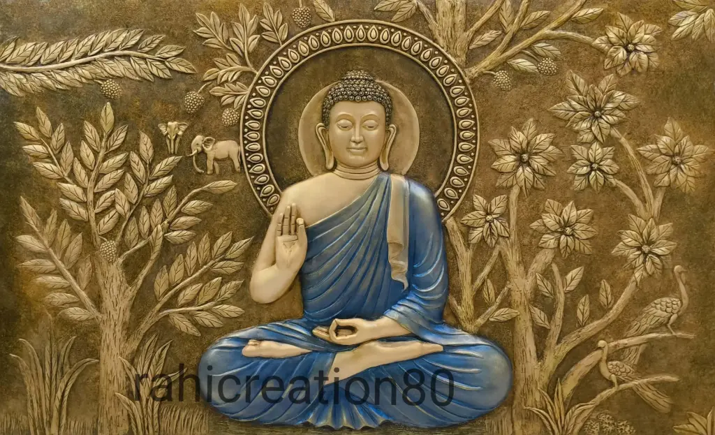 Serene Buddha Wall Panel with Forest Detailing and Blue Robe