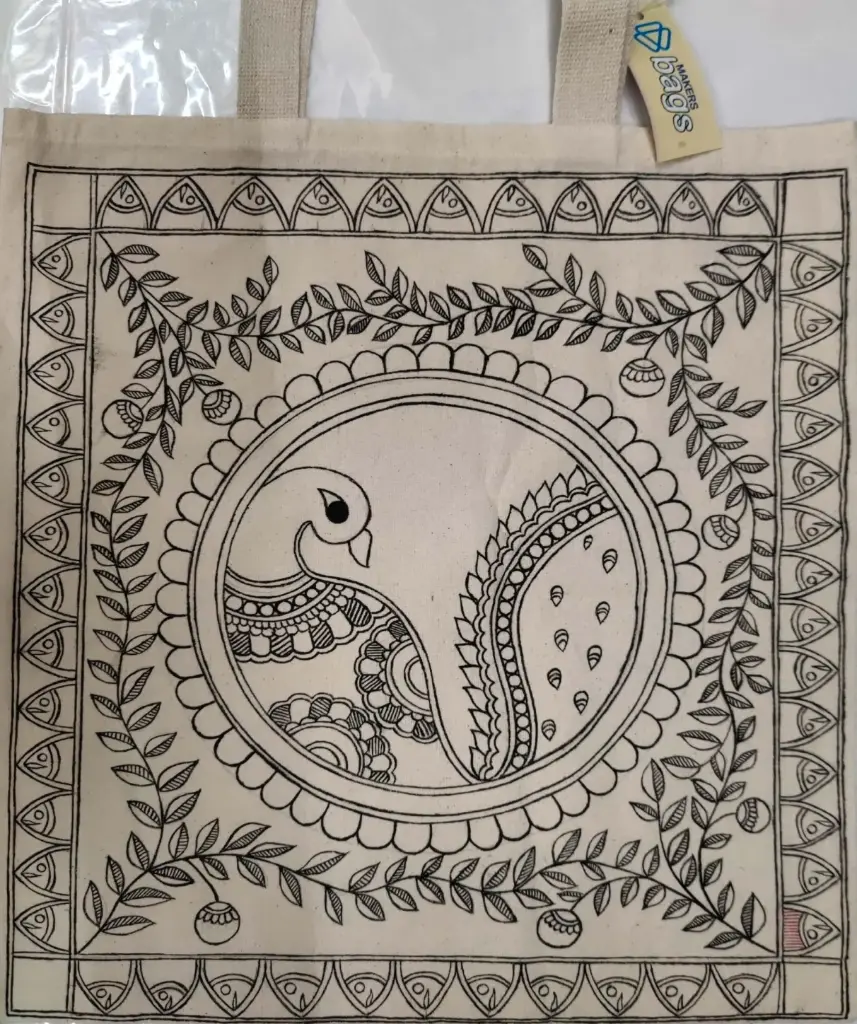 Graceful Peacock – Madhubani Tote