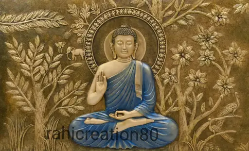 Serene Buddha Wall Panel with Forest Detailing and Blue Robe