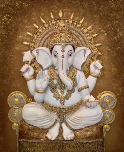 Divine Lord Ganesha Wall Art – Embellished 3D Relief in Gold & White