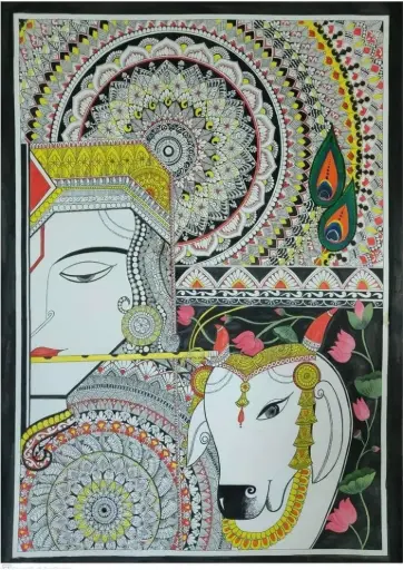 Krishna with Nandi – A Madhubani Fusion