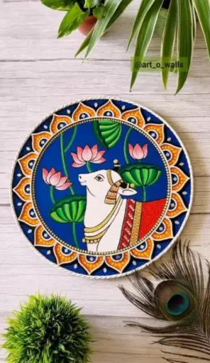 Divine Serenity - Pichwai Cow with Lotus Hand Painted Wooden Plate